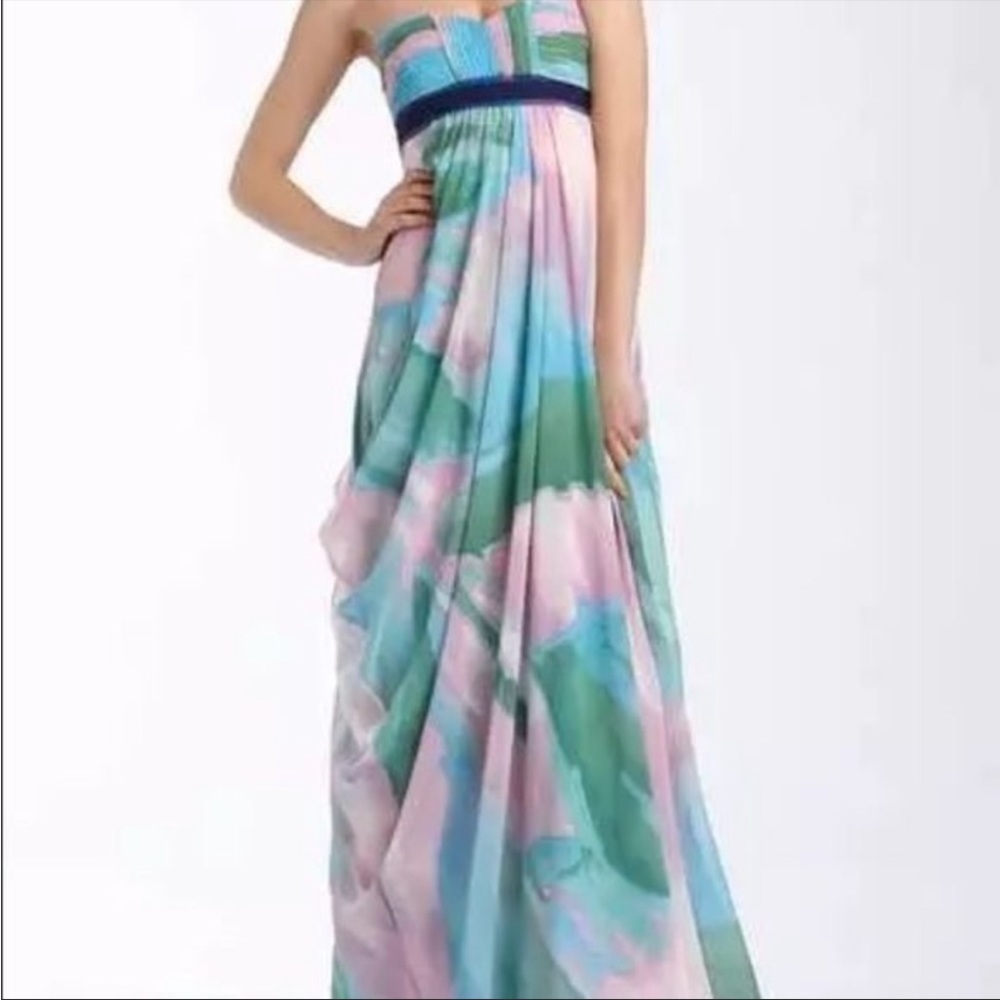 BCBGMaxazria Watercolor Silk Strapless Maxi Dress in Green Pink Size 4